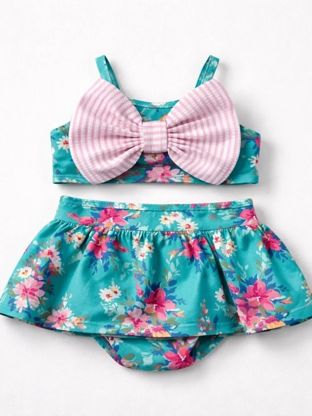 Ruffle Butts green floral big bow skirted bikini size 2T NWOT